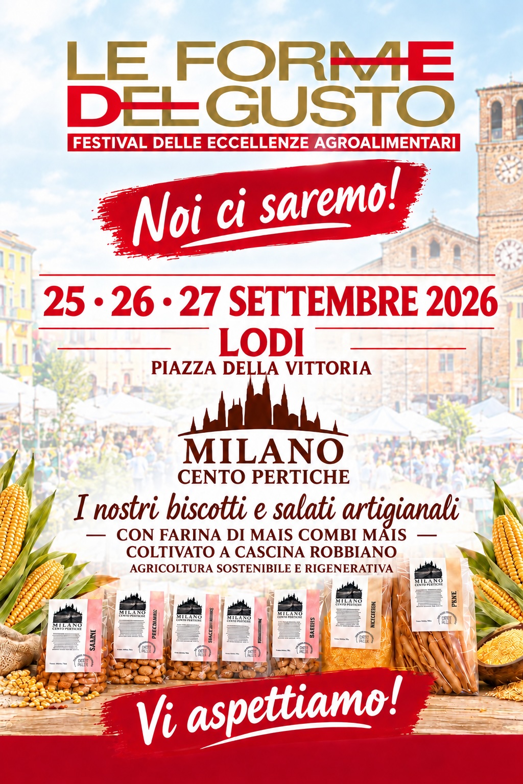 Le Forme del Gusto, festival delle eccellenze agroalimentari, 25, 26 e 27 settembre 2026 a Lodi, Piazza della Vittoria. Milano Cento Pertiche presente con biscotti e salati artigianali.